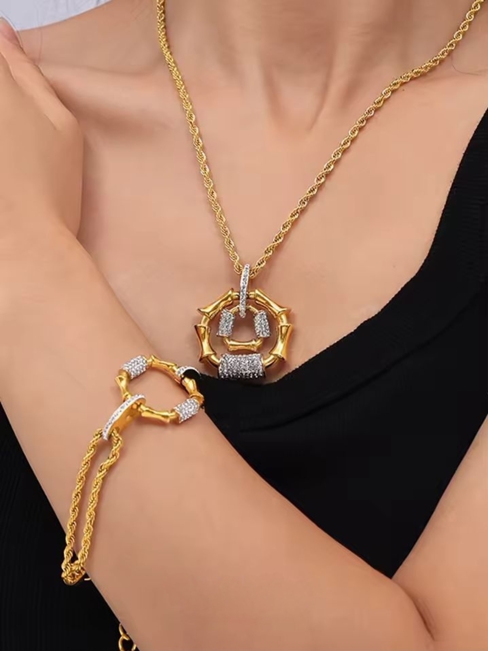 Gold-Tone Bamboo Link Necklace with Pave Accents